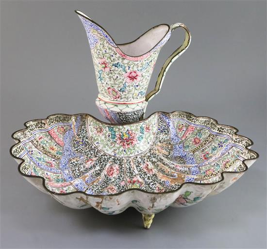 A Chinese Canton enamel shell basin and ewer, mid 18th century, Basin W. 37.5cm, some damage
